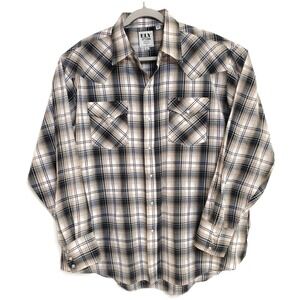 Ely Cattleman Shirt Mens XL Western Pearl Snap Plaid Long Sleeve Brown‎ Beige